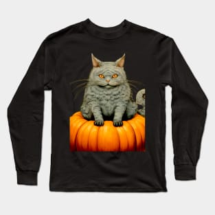 Japanese Cat on a Halloween Pumpkin During the Halloween Season on a dark (knocked out) background Long Sleeve T-Shirt